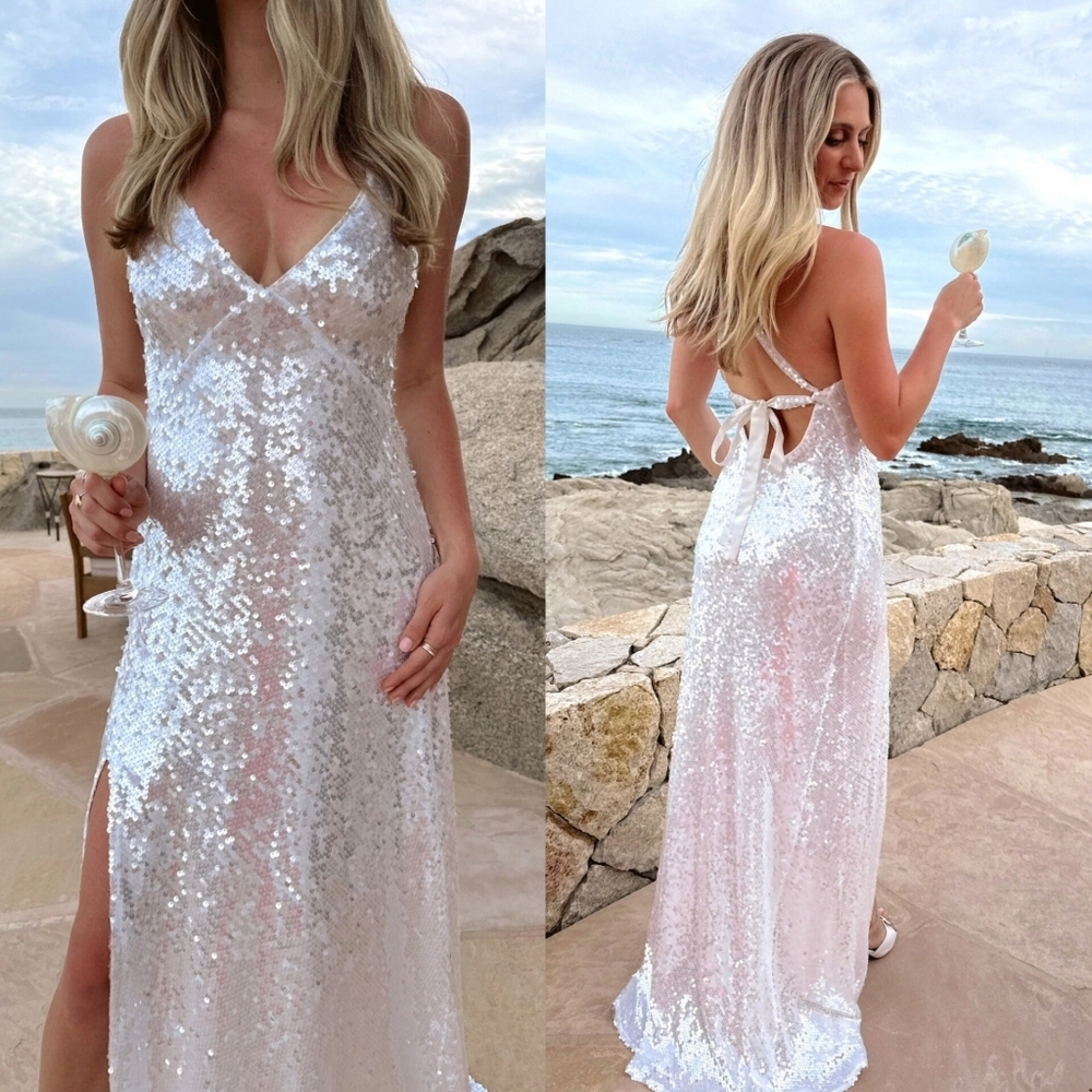 Show Me Your MuMu Anderson Ivory Shimmery Sequins Maxi Dress Wedding Party Prom